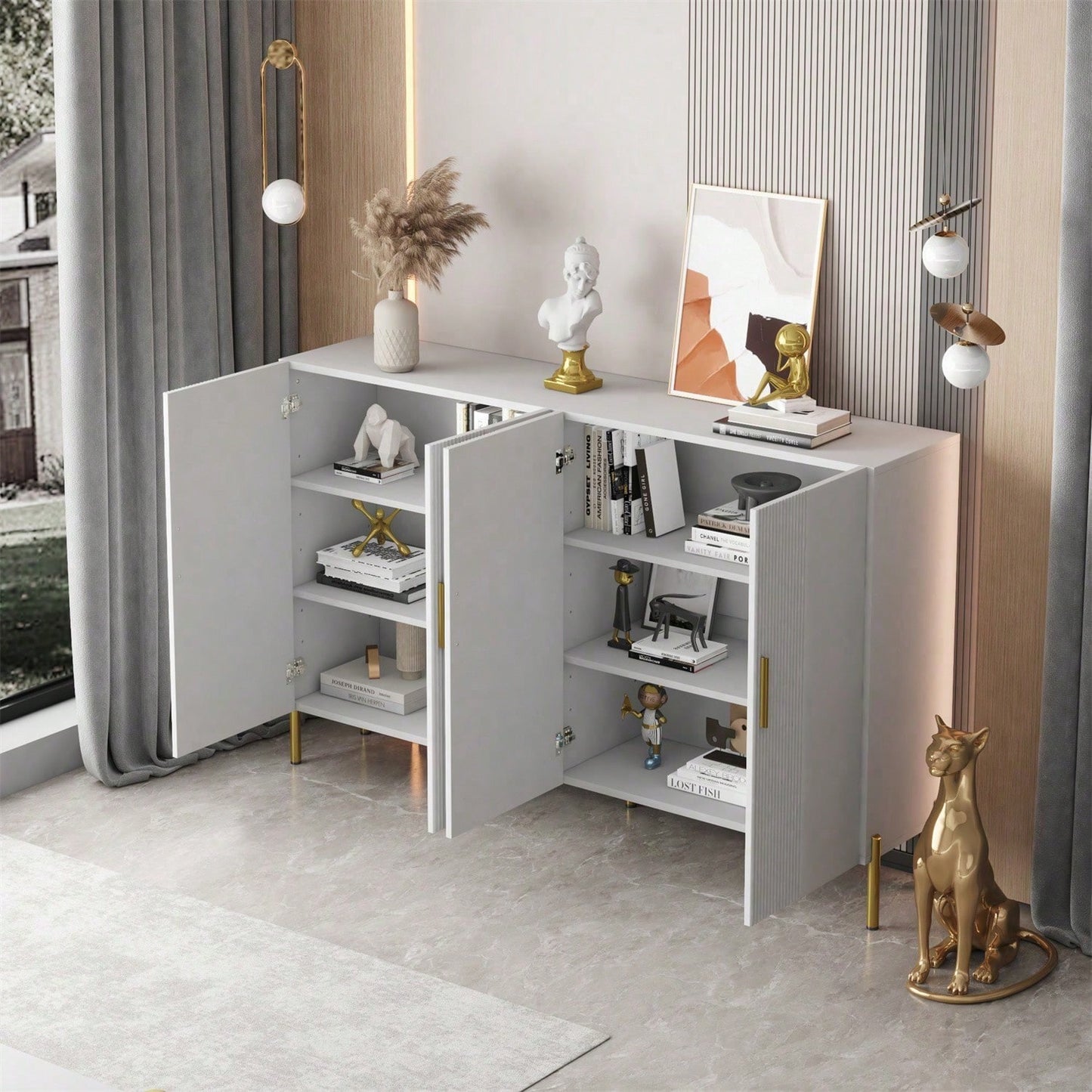 Moderner einfacher weißer matter multifunktionaler Aufbewahrungsschrank 4 offene und geschlossene Türen Esszimmerschrank Golddekoration 160*35*100cm