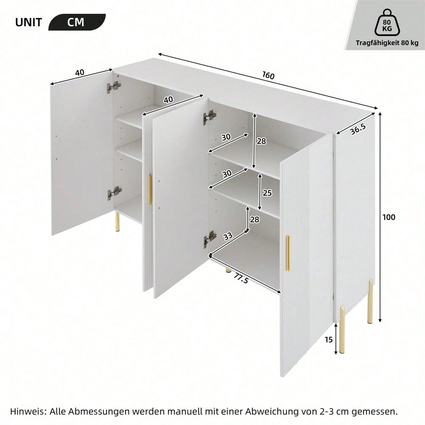 Moderner einfacher weißer matter multifunktionaler Aufbewahrungsschrank 4 offene und geschlossene Türen Esszimmerschrank Golddekoration 160*35*100cm