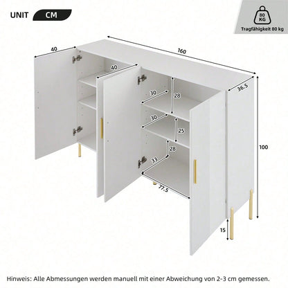 Moderner einfacher weißer matter multifunktionaler Aufbewahrungsschrank 4 offene und geschlossene Türen Esszimmerschrank Golddekoration 160*35*100cm