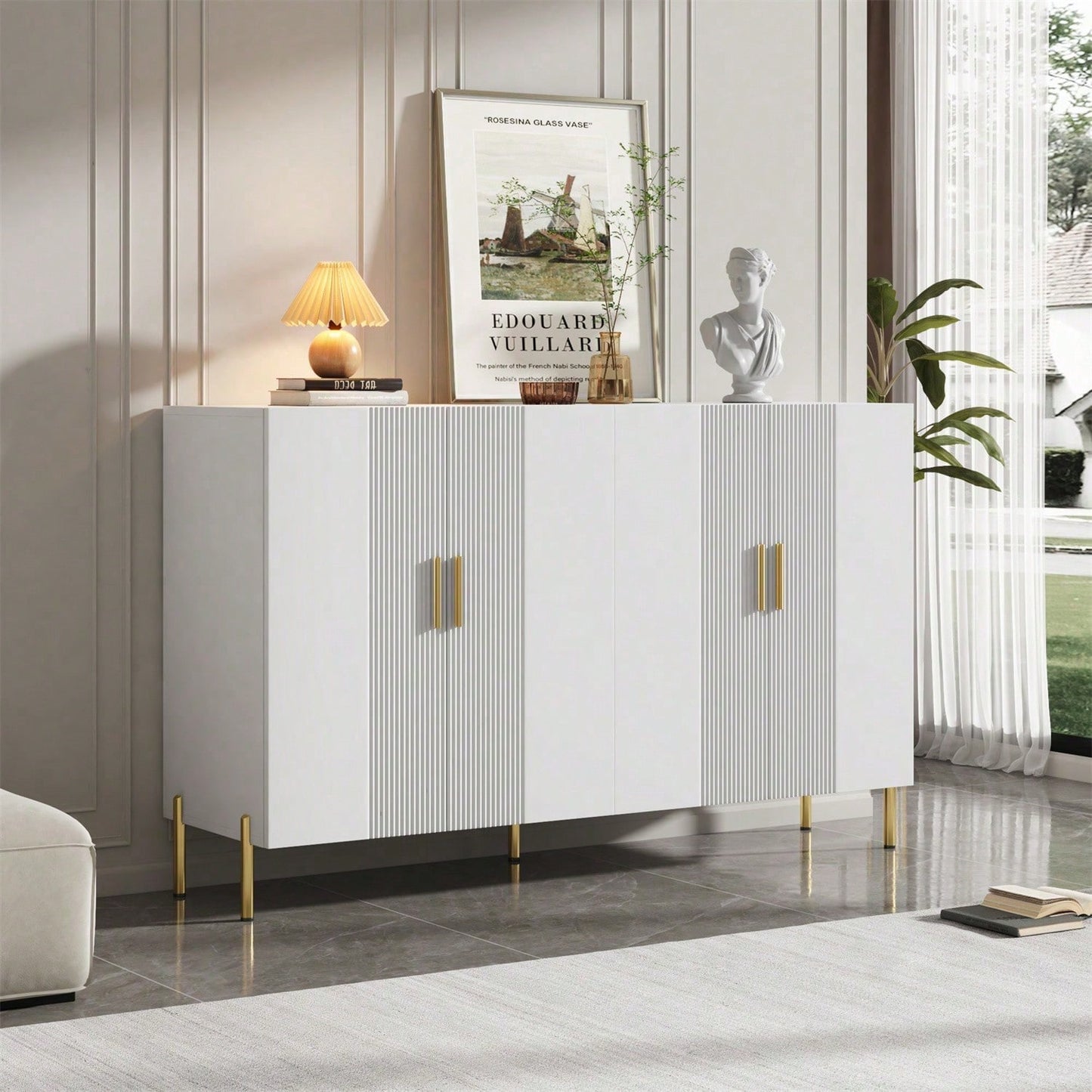 Moderner einfacher weißer matter multifunktionaler Aufbewahrungsschrank 4 offene und geschlossene Türen Esszimmerschrank Golddekoration 160*35*100cm