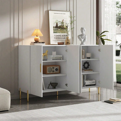 Moderner einfacher weißer matter multifunktionaler Aufbewahrungsschrank 4 offene und geschlossene Türen Esszimmerschrank Golddekoration 160*35*100cm