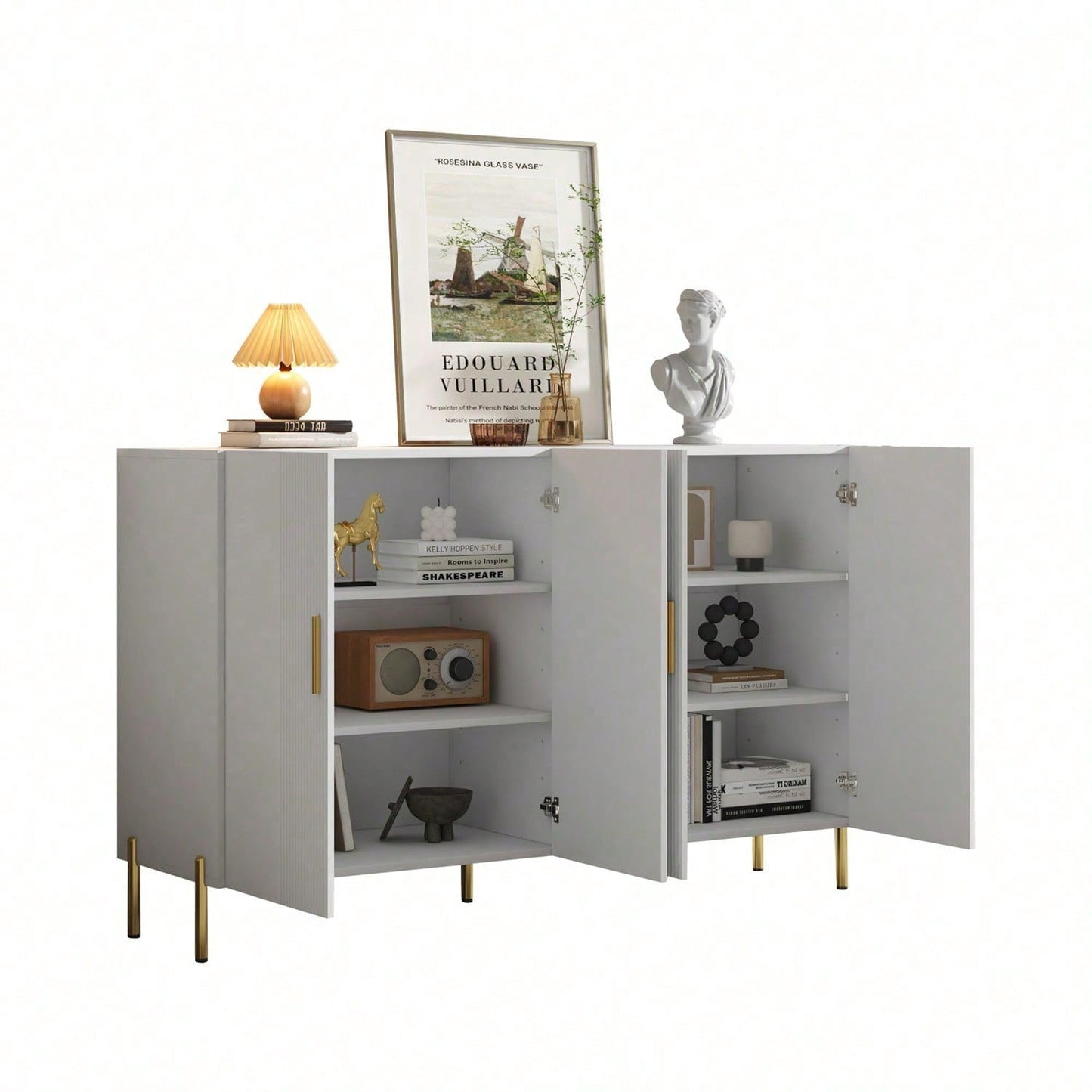 Moderner einfacher weißer matter multifunktionaler Aufbewahrungsschrank 4 offene und geschlossene Türen Esszimmerschrank Golddekoration 160*35*100cm