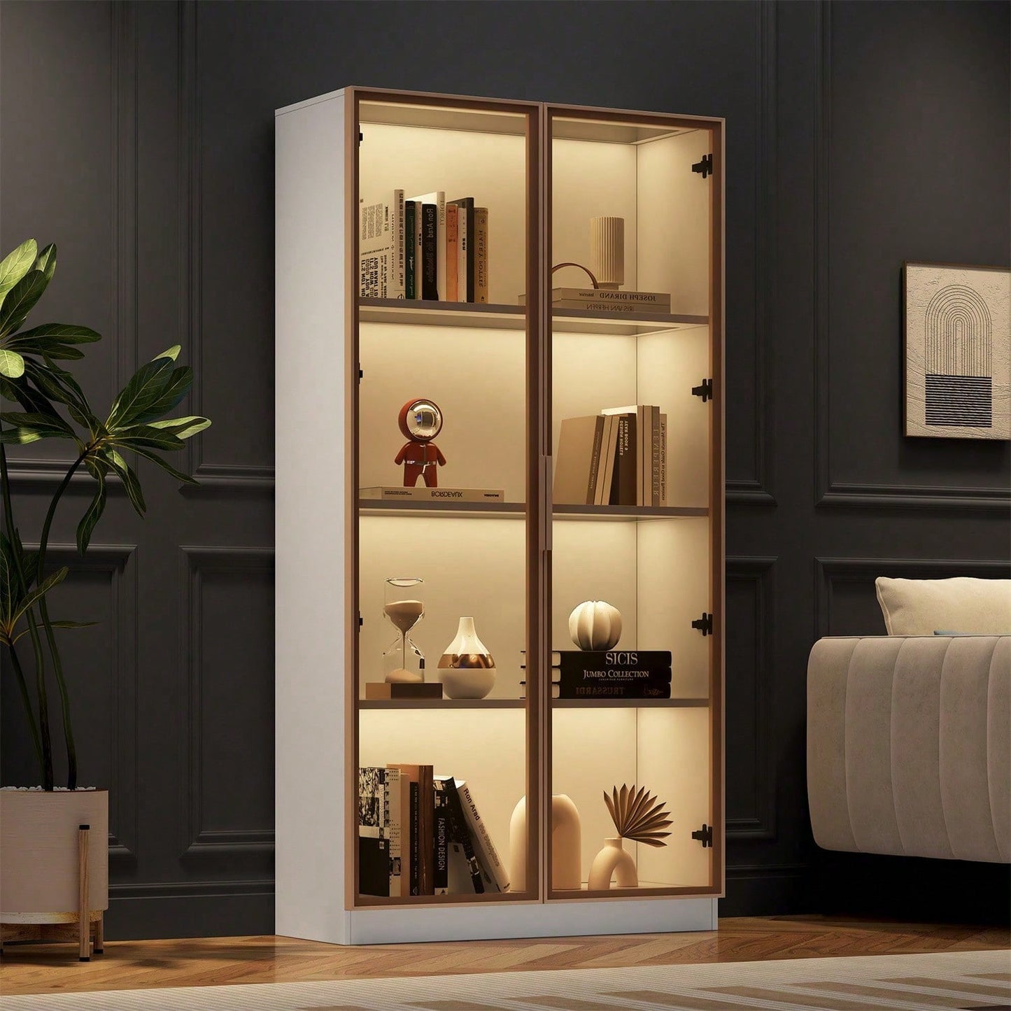 Glasvitrine mit 16-farbiger LED-Beleuchtung, doppeltürige Vitrine mit beweglichen Einlegeböden, 80*40*160cm,Hochschrank für Wohnzimmer, Standvitrine,Badezimmerschrank