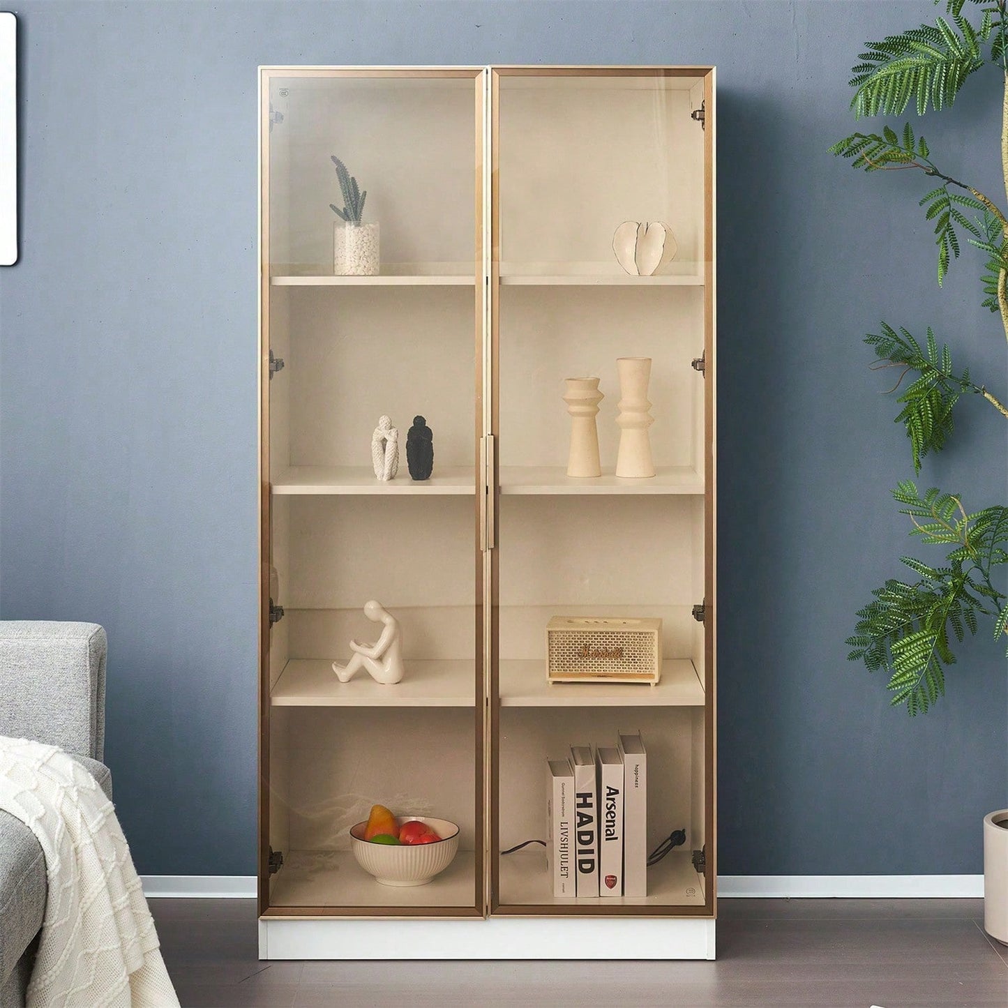 Glasvitrine mit 16-farbiger LED-Beleuchtung, doppeltürige Vitrine mit beweglichen Einlegeböden, 80*40*160cm,Hochschrank für Wohnzimmer, Standvitrine,Badezimmerschrank