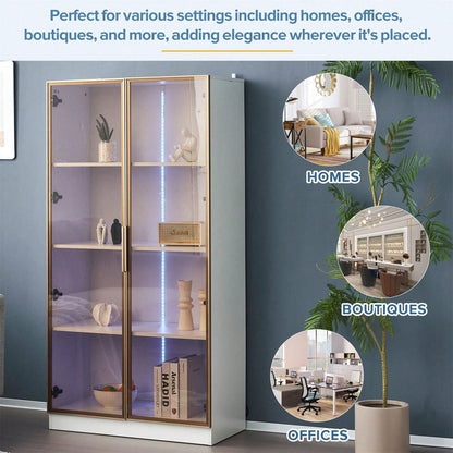 Glasvitrine mit 16-farbiger LED-Beleuchtung, doppeltürige Vitrine mit beweglichen Einlegeböden, 80*40*160cm,Hochschrank für Wohnzimmer, Standvitrine,Badezimmerschrank