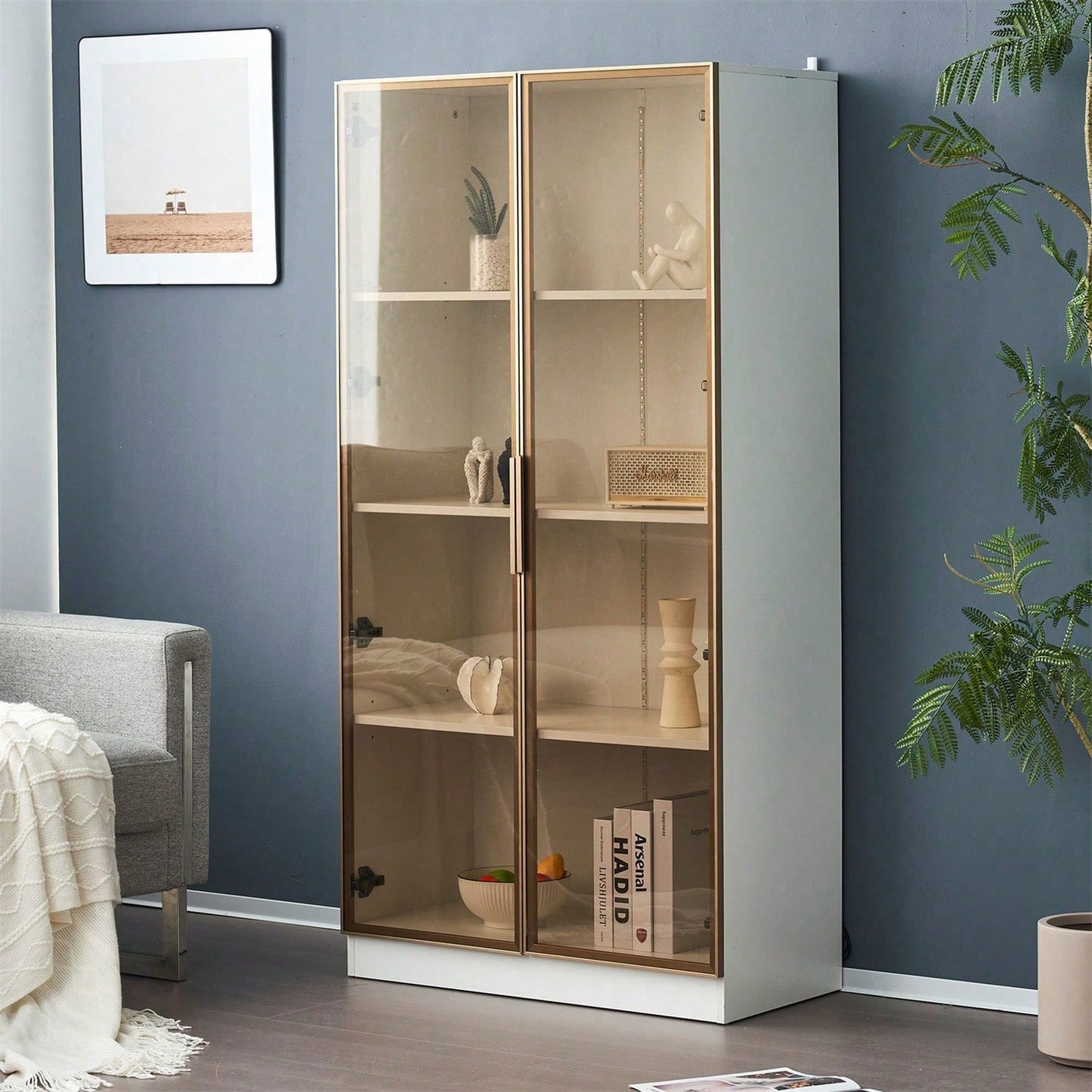 Glasvitrine mit 16-farbiger LED-Beleuchtung, doppeltürige Vitrine mit beweglichen Einlegeböden, 80*40*160cm,Hochschrank für Wohnzimmer, Standvitrine,Badezimmerschrank