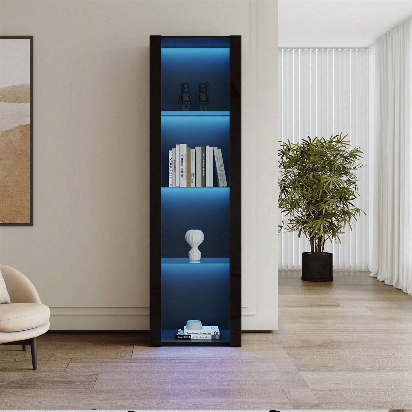 Weiße Hochglanz-Vitrine mit LED-Beleuchtung, 3 Glasböden, 55*38*166 cm, Vitrinen, Standvitrinen, Hochschränke, Lagerschränke