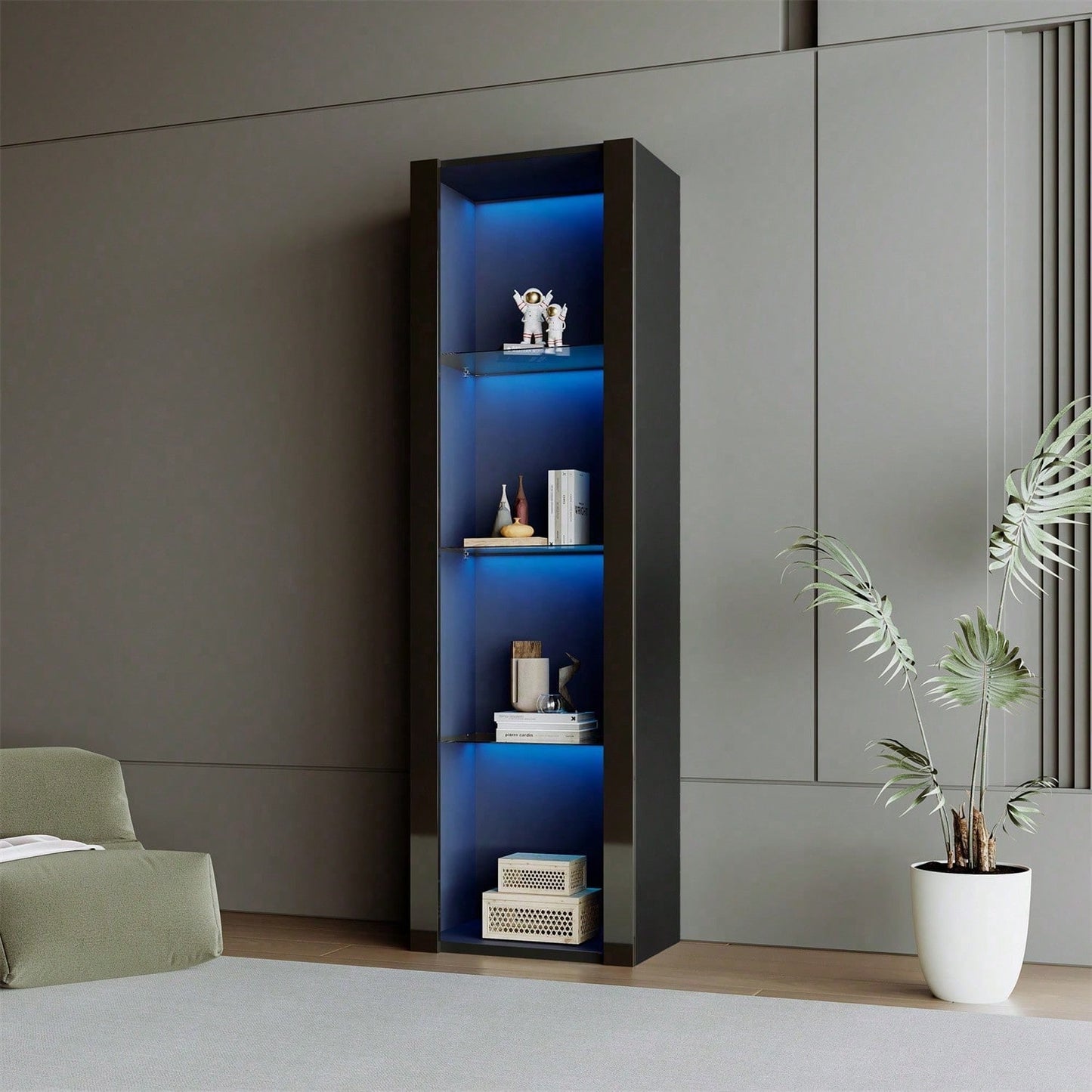 Weiße Hochglanz-Vitrine mit LED-Beleuchtung, 3 Glasböden, 55*38*166 cm, Vitrinen, Standvitrinen, Hochschränke, Lagerschränke
