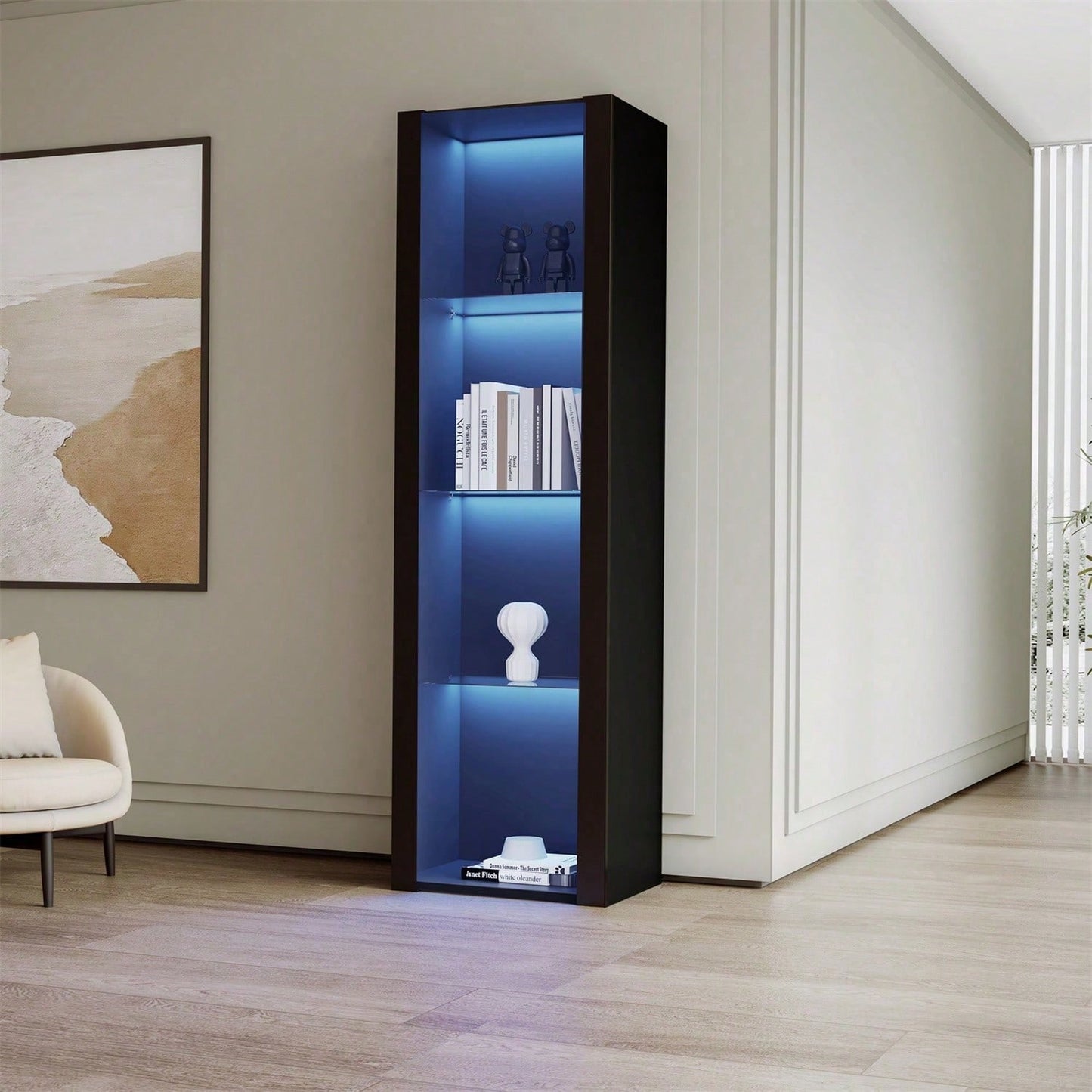 Weiße Hochglanz-Vitrine mit LED-Beleuchtung, 3 Glasböden, 55*38*166 cm, Vitrinen, Standvitrinen, Hochschränke, Lagerschränke