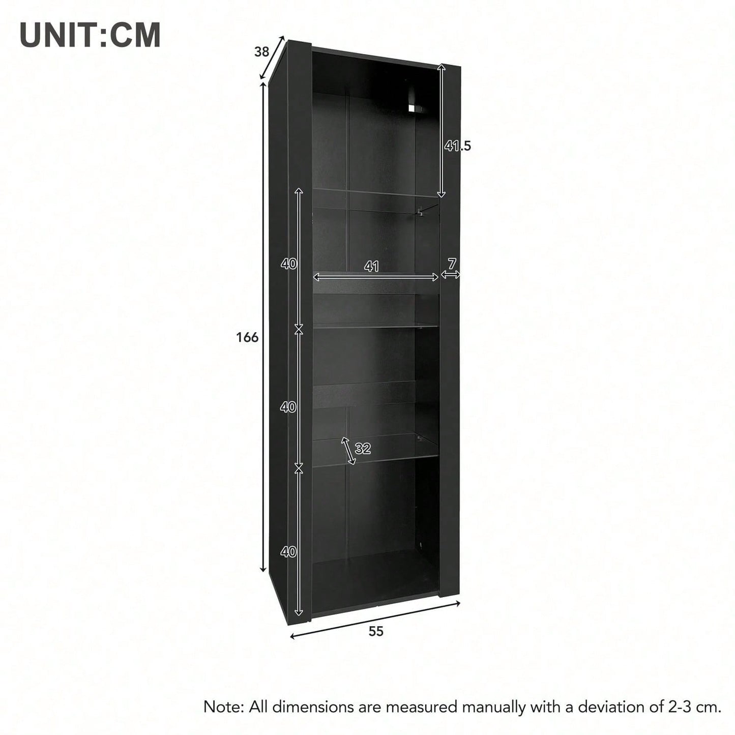 Weiße Hochglanz-Vitrine mit LED-Beleuchtung, 3 Glasböden, 55*38*166 cm, Vitrinen, Standvitrinen, Hochschränke, Lagerschränke