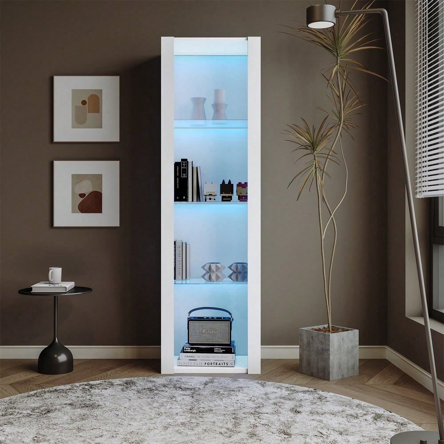 Weiße Hochglanz-Vitrine mit LED-Beleuchtung, 3 Glasböden, 55*38*166 cm, Vitrinen, Standvitrinen, Hochschränke, Lagerschränke