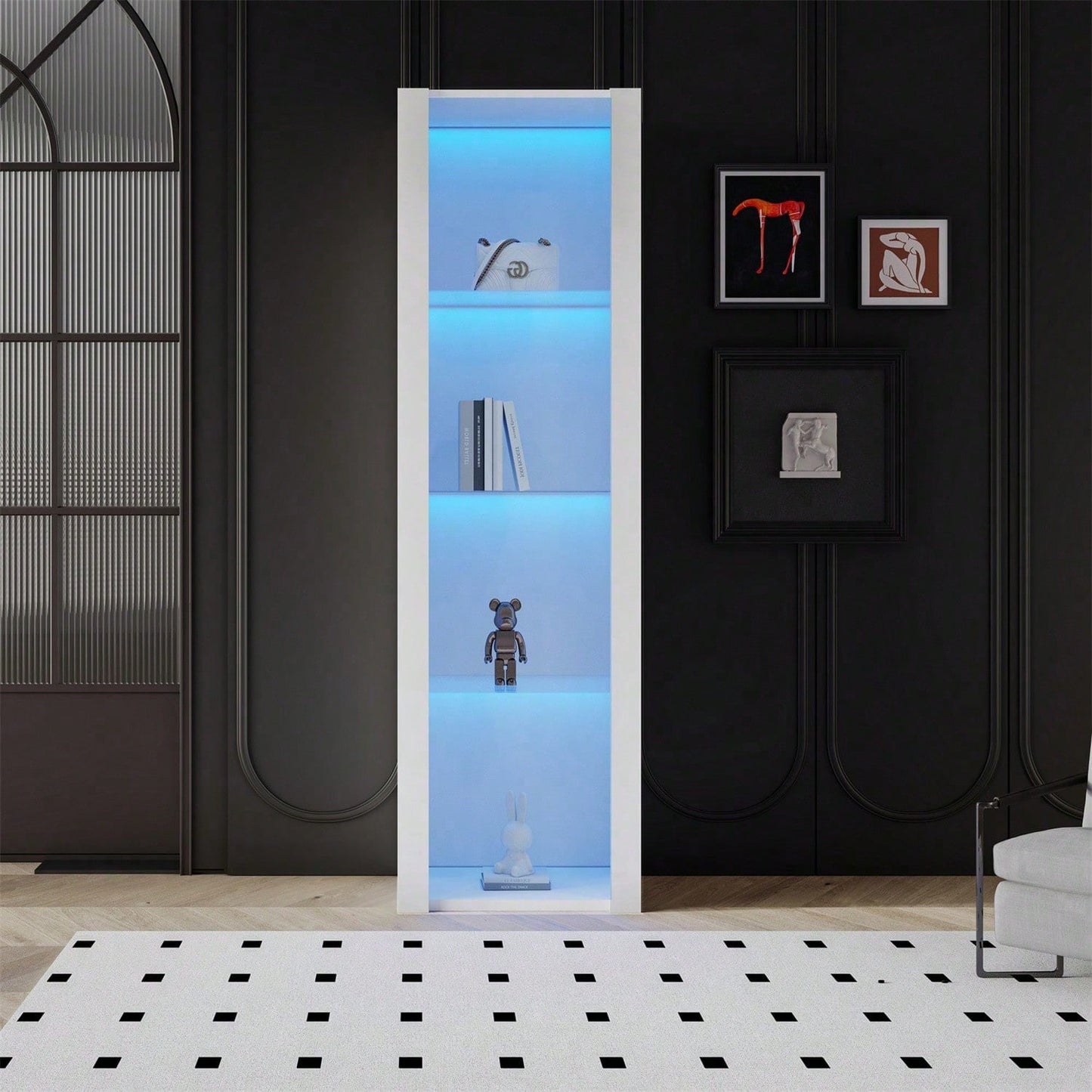 Weiße Hochglanz-Vitrine mit LED-Beleuchtung, 3 Glasböden, 55*38*166 cm, Vitrinen, Standvitrinen, Hochschränke, Lagerschränke