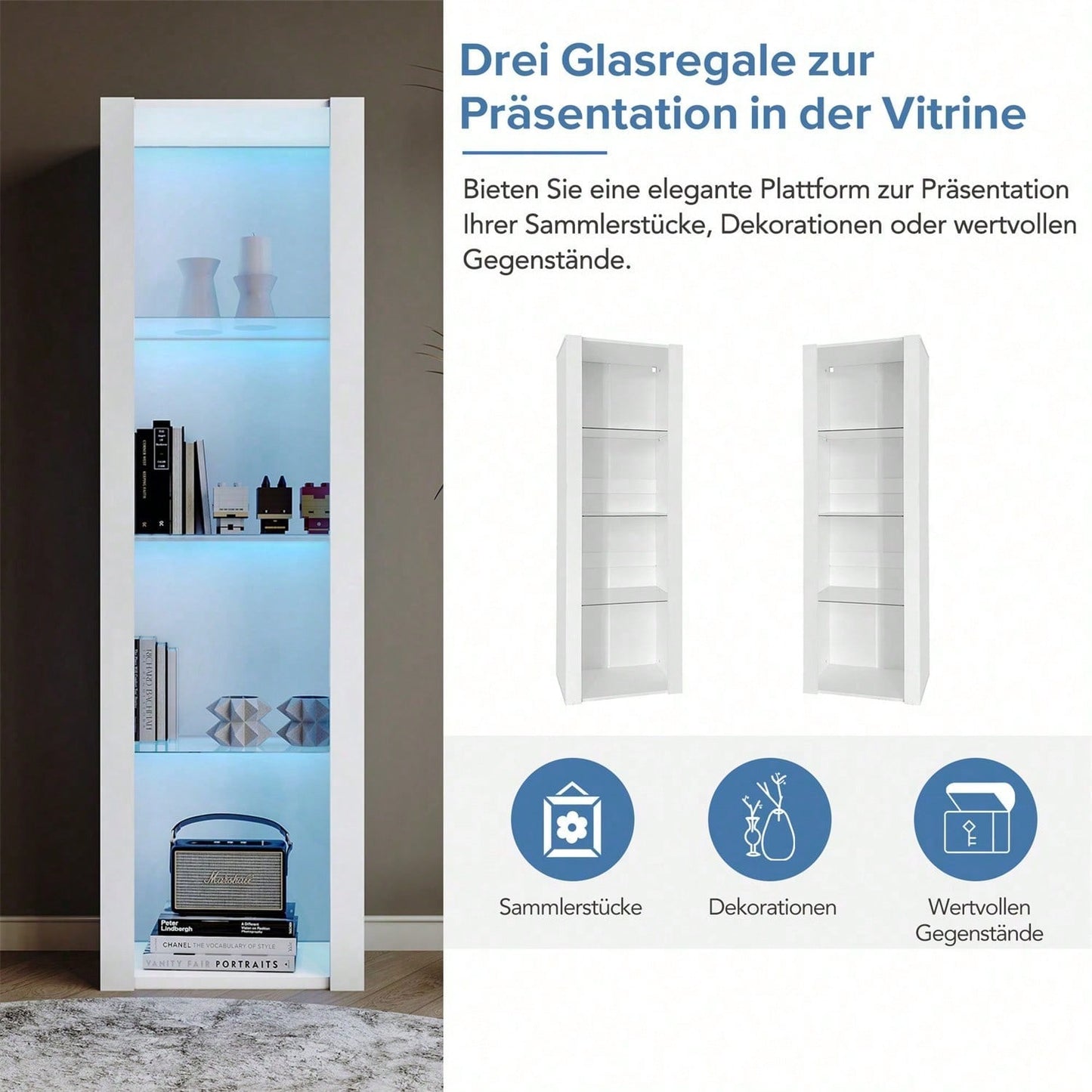 Weiße Hochglanz-Vitrine mit LED-Beleuchtung, 3 Glasböden, 55*38*166 cm, Vitrinen, Standvitrinen, Hochschränke, Lagerschränke