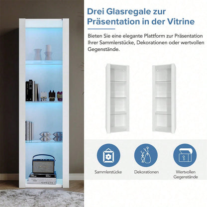 Weiße Hochglanz-Vitrine mit LED-Beleuchtung, 3 Glasböden, 55*38*166 cm, Vitrinen, Standvitrinen, Hochschränke, Lagerschränke