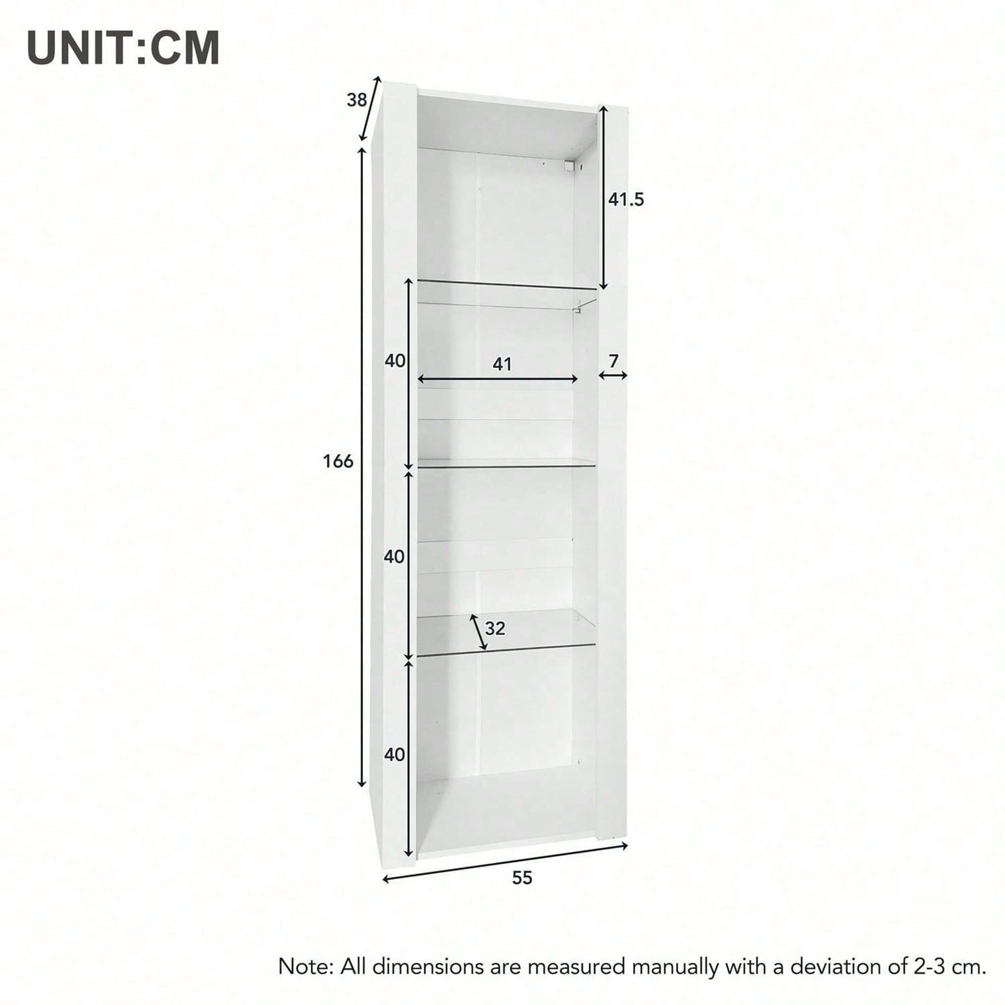 Weiße Hochglanz-Vitrine mit LED-Beleuchtung, 3 Glasböden, 55*38*166 cm, Vitrinen, Standvitrinen, Hochschränke, Lagerschränke