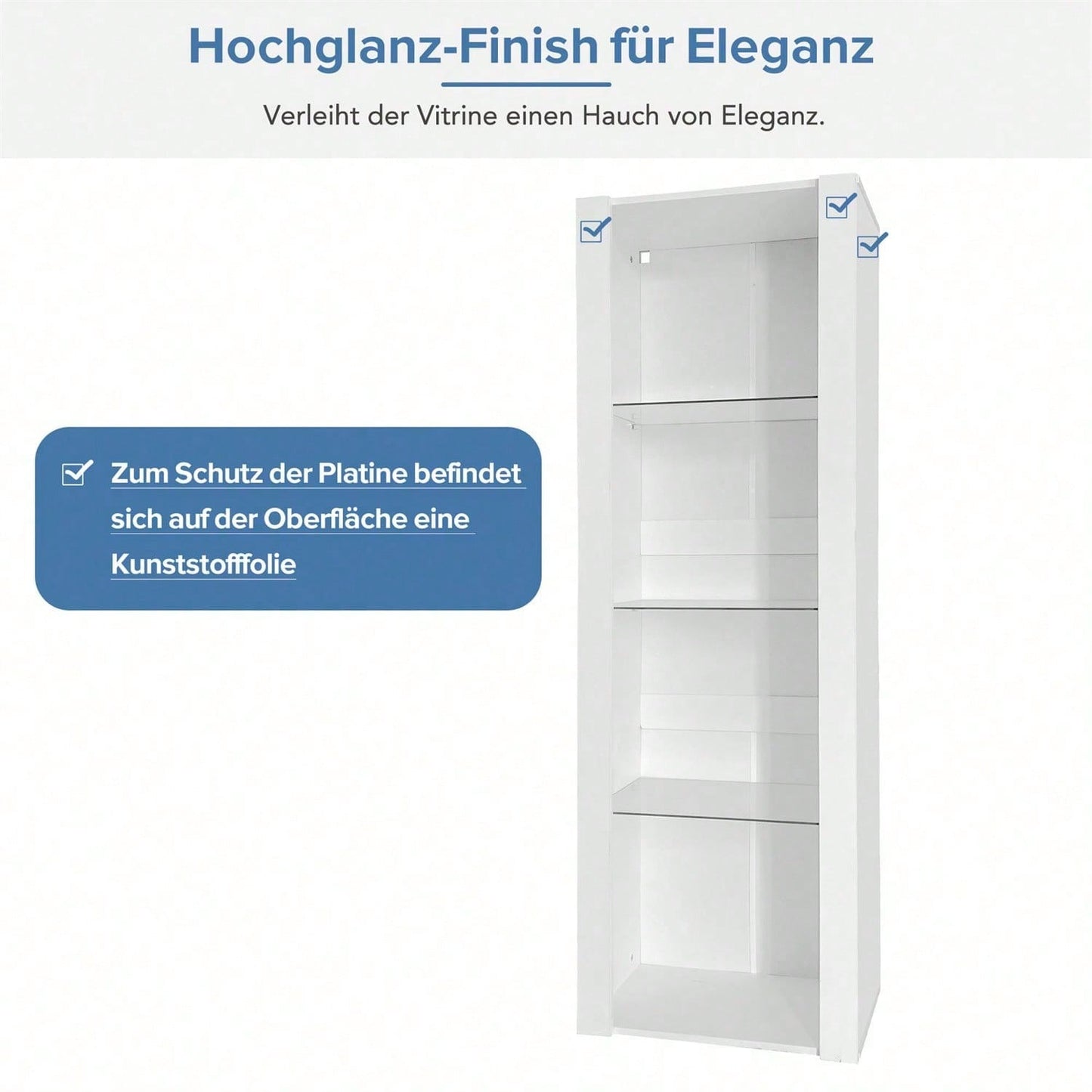 Weiße Hochglanz-Vitrine mit LED-Beleuchtung, 3 Glasböden, 55*38*166 cm, Vitrinen, Standvitrinen, Hochschränke, Lagerschränke