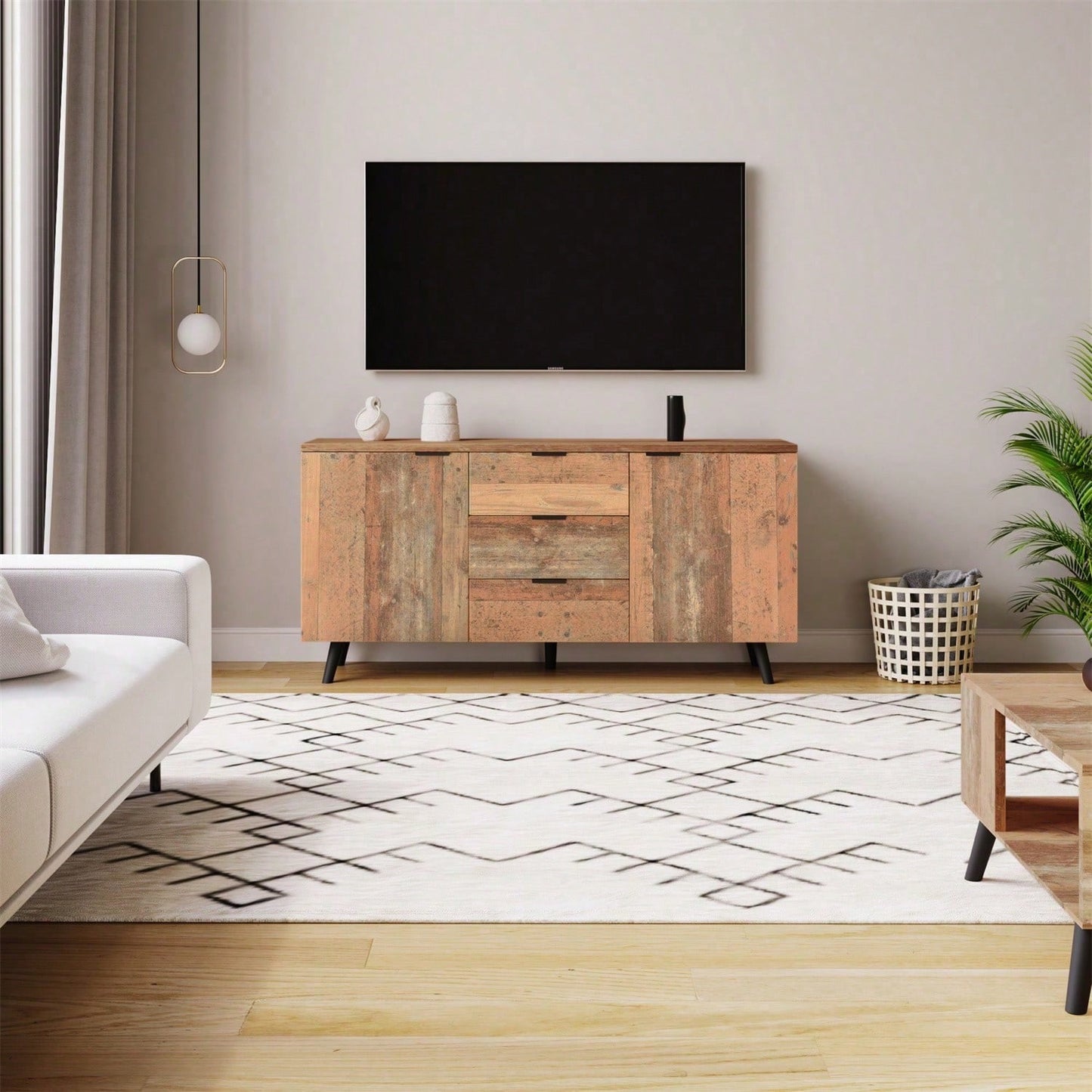 Sideboard TV-Schrank mit verstellbaren Regalen, Kommode, vertikaler Schrank, Aufbewahrungsschrank, drei Schubladen, für Wohnzimmer, Esszimmer, Schlafzimmer, Vintage, Braun, 140cm