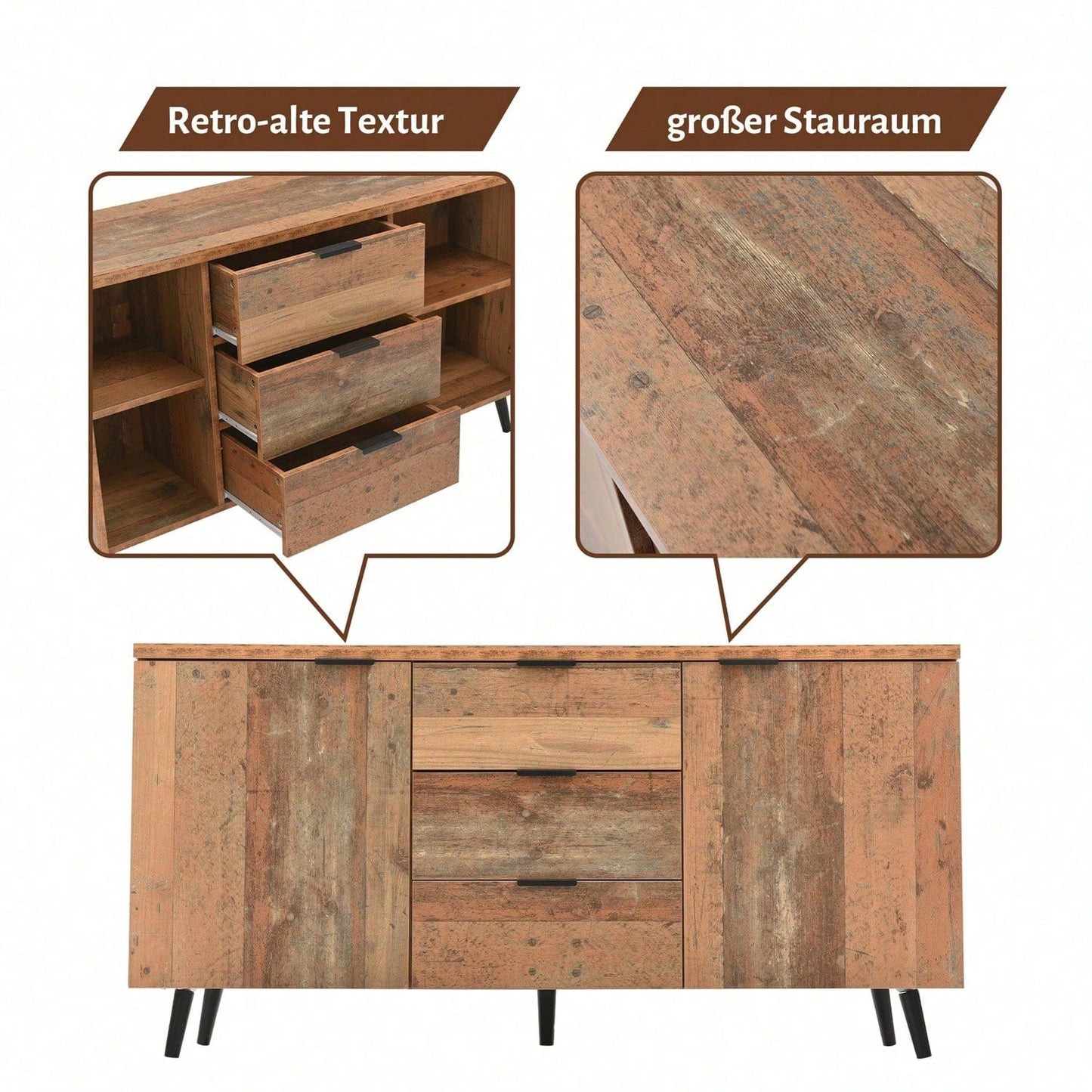 Sideboard TV-Schrank mit verstellbaren Regalen, Kommode, vertikaler Schrank, Aufbewahrungsschrank, drei Schubladen, für Wohnzimmer, Esszimmer, Schlafzimmer, Vintage, Braun, 140cm