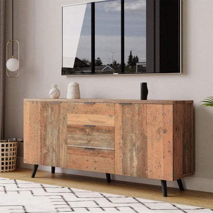 Sideboard TV-Schrank mit verstellbaren Regalen, Kommode, vertikaler Schrank, Aufbewahrungsschrank, drei Schubladen, für Wohnzimmer, Esszimmer, Schlafzimmer, Vintage, Braun, 140cm