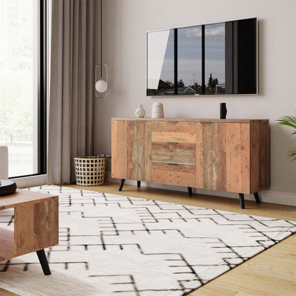 Sideboard TV-Schrank mit verstellbaren Regalen, Kommode, vertikaler Schrank, Aufbewahrungsschrank, drei Schubladen, für Wohnzimmer, Esszimmer, Schlafzimmer, Vintage, Braun, 140cm