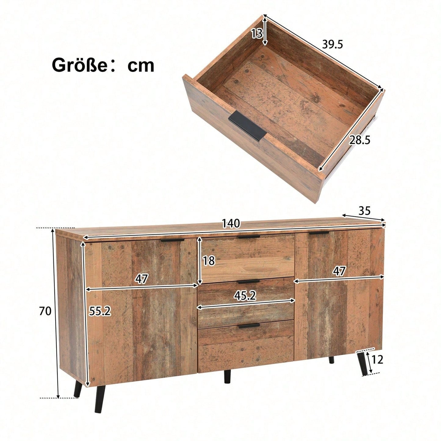 Sideboard TV-Schrank mit verstellbaren Regalen, Kommode, vertikaler Schrank, Aufbewahrungsschrank, drei Schubladen, für Wohnzimmer, Esszimmer, Schlafzimmer, Vintage, Braun, 140cm