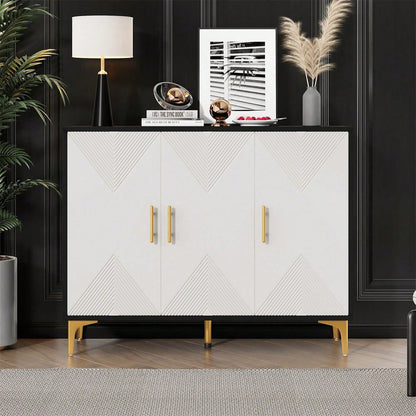 Bohemian Sideboard mit weiß matt gestreiften Türen, goldenen Griffen und goldenen Beinen, Sideboard mit zu öffnenden und zu schließenden Türen, geeignet für Schlafzimmer, Wohnzimmer und Esszimmer