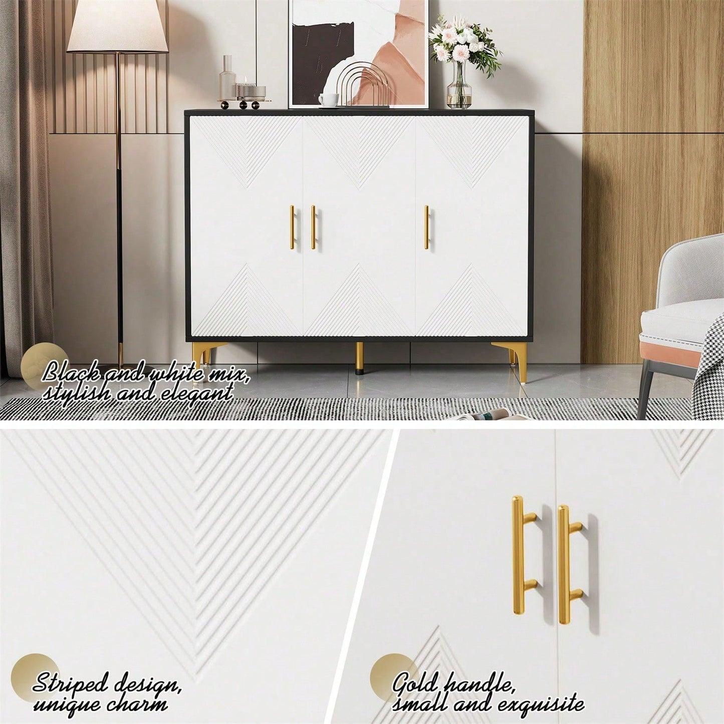 Bohemian Sideboard mit weiß matt gestreiften Türen, goldenen Griffen und goldenen Beinen, Sideboard mit zu öffnenden und zu schließenden Türen, geeignet für Schlafzimmer, Wohnzimmer und Esszimmer