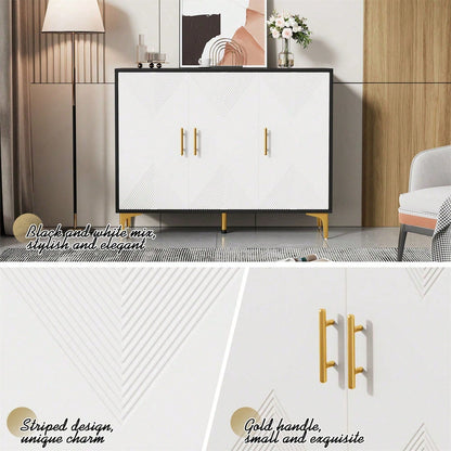 Bohemian Sideboard mit weiß matt gestreiften Türen, goldenen Griffen und goldenen Beinen, Sideboard mit zu öffnenden und zu schließenden Türen, geeignet für Schlafzimmer, Wohnzimmer und Esszimmer
