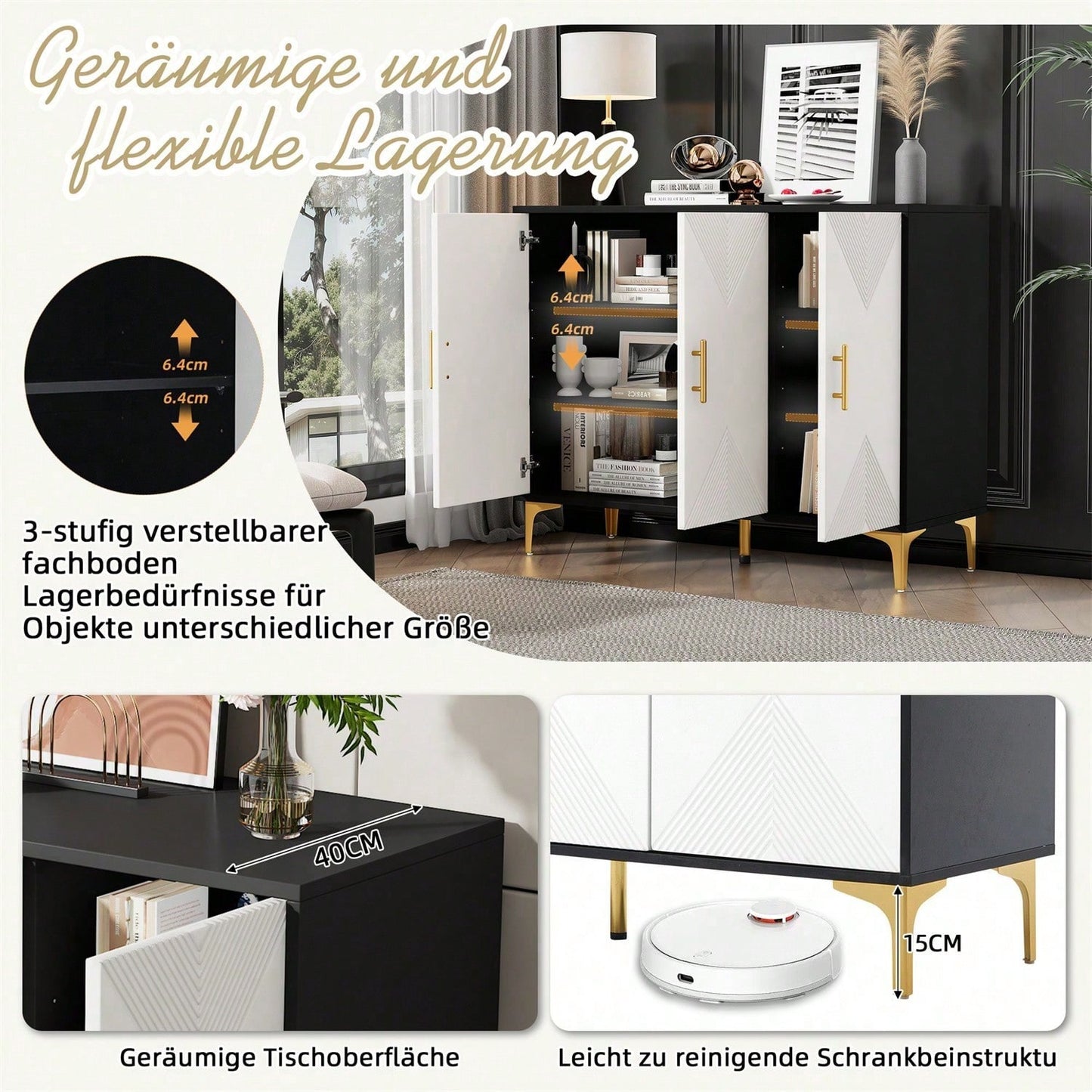 Bohemian Sideboard mit weiß matt gestreiften Türen, goldenen Griffen und goldenen Beinen, Sideboard mit zu öffnenden und zu schließenden Türen, geeignet für Schlafzimmer, Wohnzimmer und Esszimmer