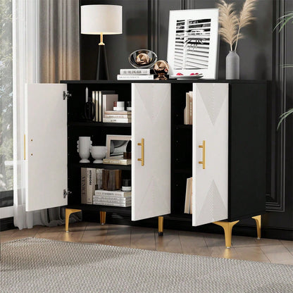 Bohemian Sideboard mit weiß matt gestreiften Türen, goldenen Griffen und goldenen Beinen, Sideboard mit zu öffnenden und zu schließenden Türen, geeignet für Schlafzimmer, Wohnzimmer und Esszimmer