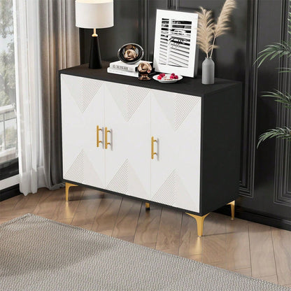 Bohemian Sideboard mit weiß matt gestreiften Türen, goldenen Griffen und goldenen Beinen, Sideboard mit zu öffnenden und zu schließenden Türen, geeignet für Schlafzimmer, Wohnzimmer und Esszimmer