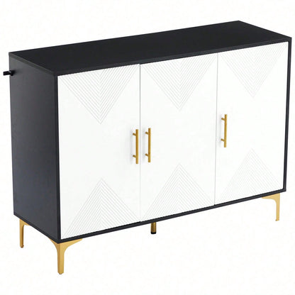 Bohemian Sideboard mit weiß matt gestreiften Türen, goldenen Griffen und goldenen Beinen, Sideboard mit zu öffnenden und zu schließenden Türen, geeignet für Schlafzimmer, Wohnzimmer und Esszimmer