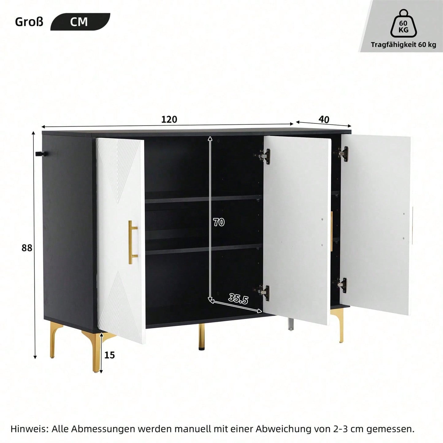 Bohemian Sideboard mit weiß matt gestreiften Türen, goldenen Griffen und goldenen Beinen, Sideboard mit zu öffnenden und zu schließenden Türen, geeignet für Schlafzimmer, Wohnzimmer und Esszimmer