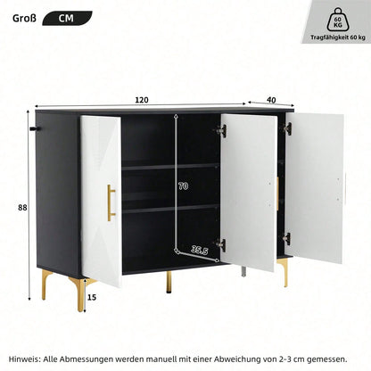 Bohemian Sideboard mit weiß matt gestreiften Türen, goldenen Griffen und goldenen Beinen, Sideboard mit zu öffnenden und zu schließenden Türen, geeignet für Schlafzimmer, Wohnzimmer und Esszimmer