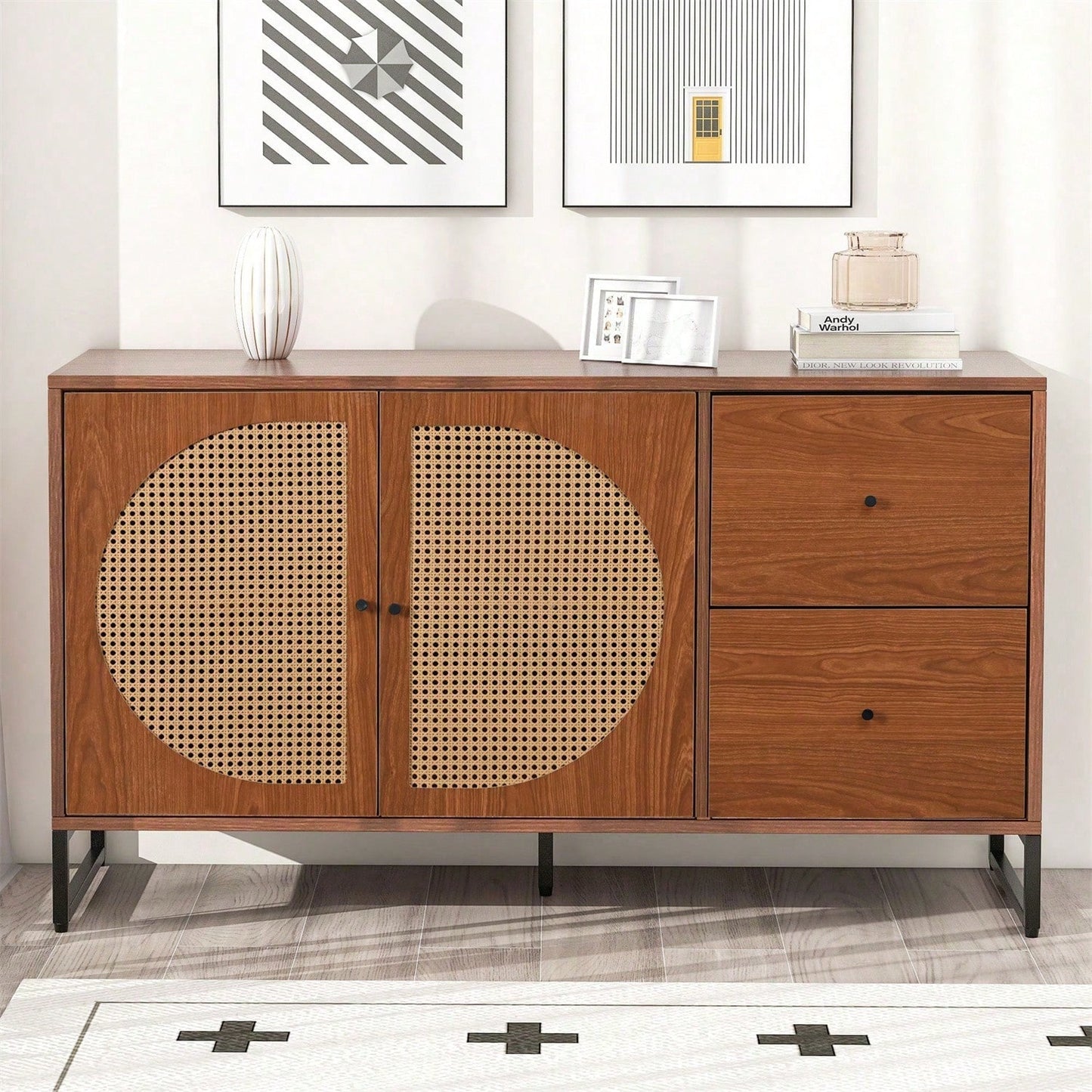 Sideboard mit 2 Rattan verzierten Türen und 2 Schubladen Kommode Küchenschrank, Mehrzweckschrank, Highboard mit Metallgriffe, für Schlafzimmer & Wohnräume & Büro