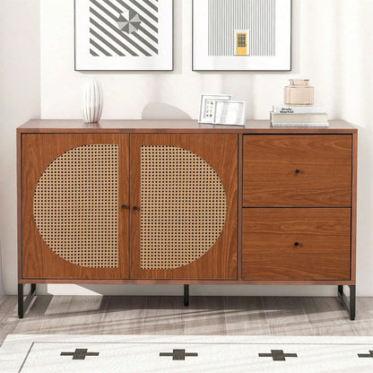 Sideboard mit 2 Rattan verzierten Türen und 2 Schubladen Kommode Küchenschrank, Mehrzweckschrank, Highboard mit Metallgriffe, für Schlafzimmer & Wohnräume & Büro