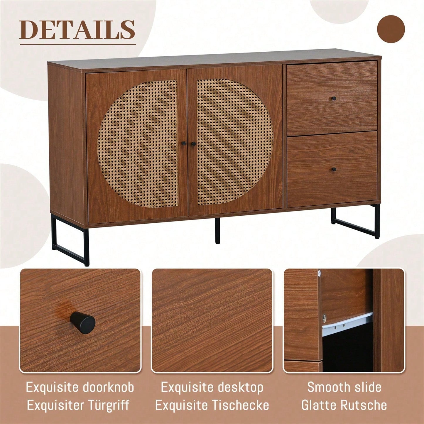Sideboard mit 2 Rattan verzierten Türen und 2 Schubladen Kommode Küchenschrank, Mehrzweckschrank, Highboard mit Metallgriffe, für Schlafzimmer & Wohnräume & Büro