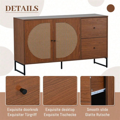Sideboard mit 2 Rattan verzierten Türen und 2 Schubladen Kommode Küchenschrank, Mehrzweckschrank, Highboard mit Metallgriffe, für Schlafzimmer & Wohnräume & Büro