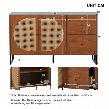 Sideboard mit 2 Rattan verzierten Türen und 2 Schubladen Kommode Küchenschrank, Mehrzweckschrank, Highboard mit Metallgriffe, für Schlafzimmer & Wohnräume & Büro