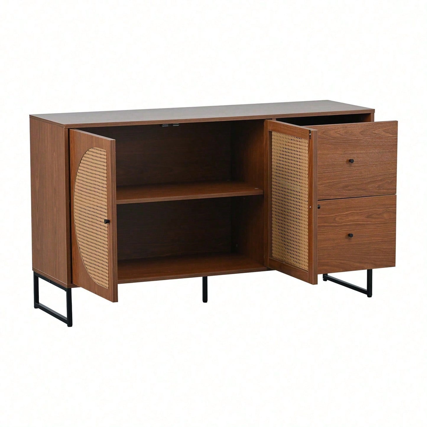 Sideboard mit 2 Rattan verzierten Türen und 2 Schubladen Kommode Küchenschrank, Mehrzweckschrank, Highboard mit Metallgriffe, für Schlafzimmer & Wohnräume & Büro