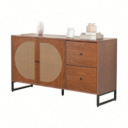 Sideboard mit 2 Rattan verzierten Türen und 2 Schubladen Kommode Küchenschrank, Mehrzweckschrank, Highboard mit Metallgriffe, für Schlafzimmer & Wohnräume & Büro