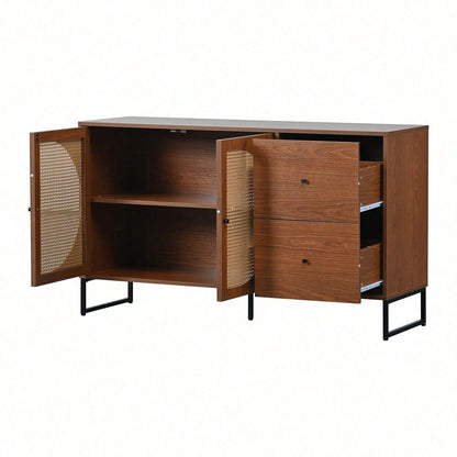 Sideboard mit 2 Rattan verzierten Türen und 2 Schubladen Kommode Küchenschrank, Mehrzweckschrank, Highboard mit Metallgriffe, für Schlafzimmer & Wohnräume & Büro