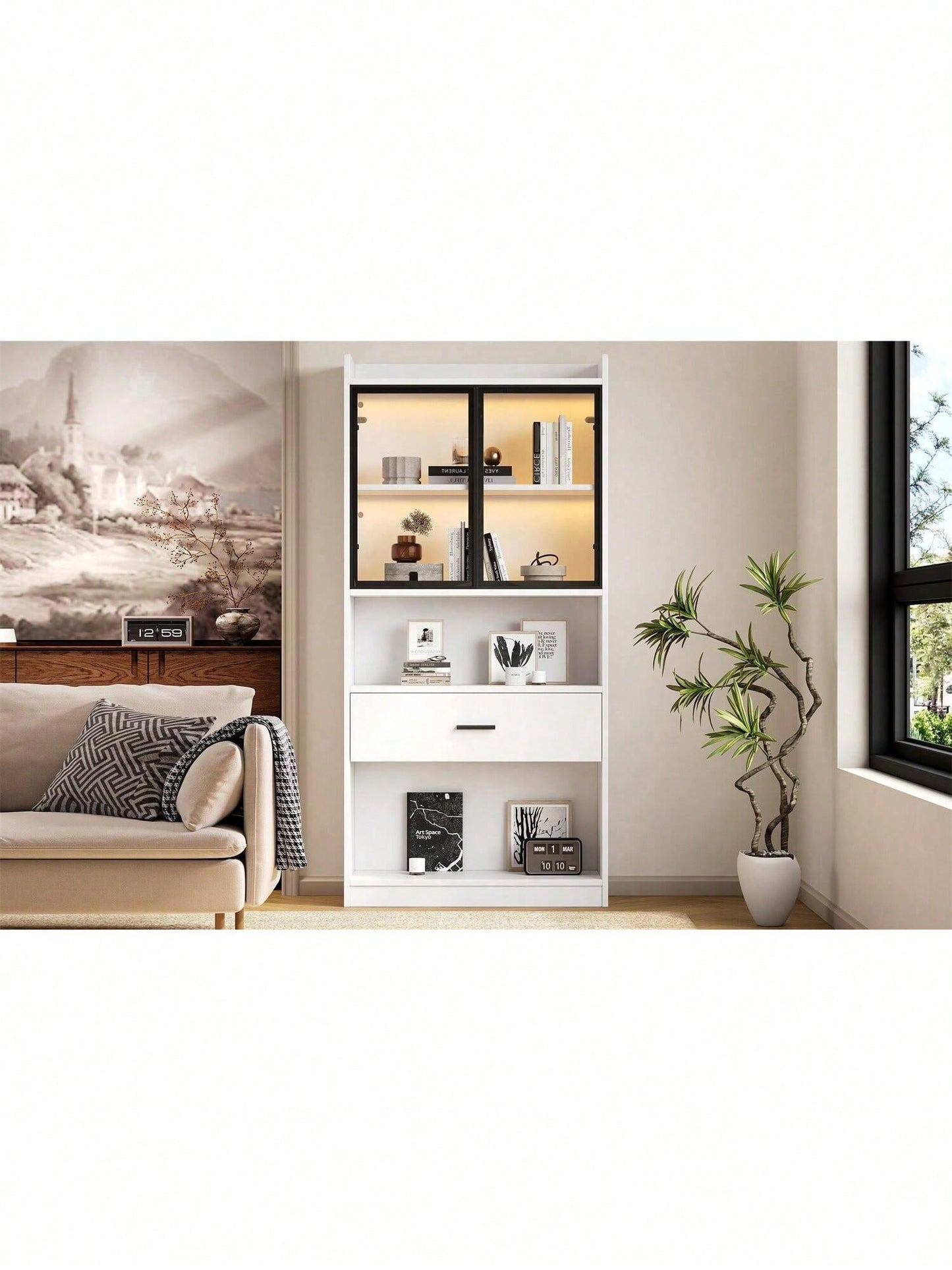 Curio Vitrine mit Licht, Aufbewahrungsregale mit Pop-up Glastüren, 1 große Schubladen & 16 Farben Licht, Sammlerstücke Schrank Display Regal, Bücherregal Vitrine für Wohnzimmer, weiß, schwarzer Fenste