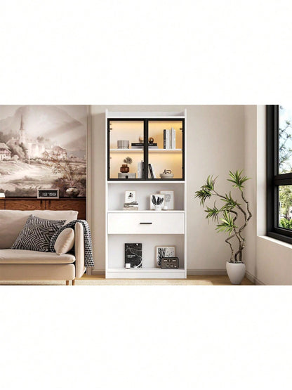 Curio Vitrine mit Licht, Aufbewahrungsregale mit Pop-up Glastüren, 1 große Schubladen & 16 Farben Licht, Sammlerstücke Schrank Display Regal, Bücherregal Vitrine für Wohnzimmer, weiß, schwarzer Fenste
