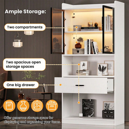 Curio Vitrine mit Licht, Aufbewahrungsregale mit Pop-up Glastüren, 1 große Schubladen & 16 Farben Licht, Sammlerstücke Schrank Display Regal, Bücherregal Vitrine für Wohnzimmer, weiß, schwarzer Fenste