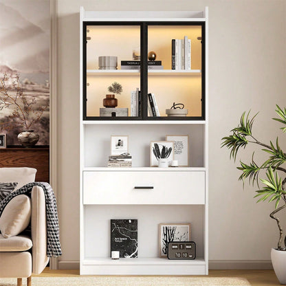 Curio Vitrine mit Licht, Aufbewahrungsregale mit Pop-up Glastüren, 1 große Schubladen & 16 Farben Licht, Sammlerstücke Schrank Display Regal, Bücherregal Vitrine für Wohnzimmer, weiß, schwarzer Fenste
