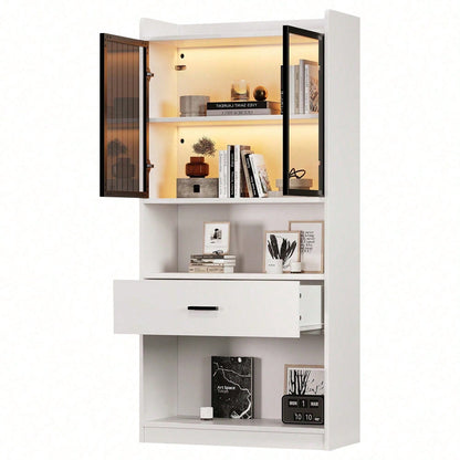 Curio Vitrine mit Licht, Aufbewahrungsregale mit Pop-up Glastüren, 1 große Schubladen & 16 Farben Licht, Sammlerstücke Schrank Display Regal, Bücherregal Vitrine für Wohnzimmer, weiß, schwarzer Fenste