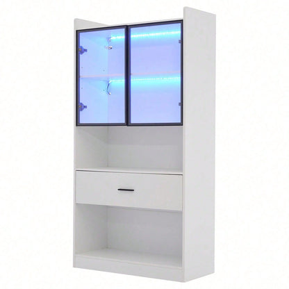 Curio Vitrine mit Licht, Aufbewahrungsregale mit Pop-up Glastüren, 1 große Schubladen & 16 Farben Licht, Sammlerstücke Schrank Display Regal, Bücherregal Vitrine für Wohnzimmer, weiß, schwarzer Fenste