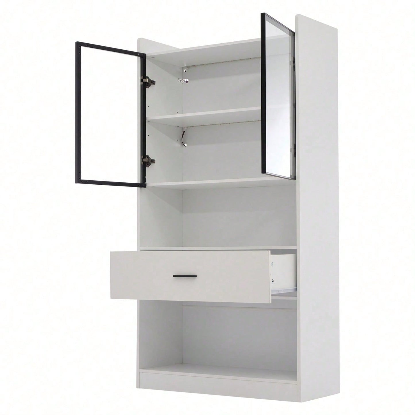 Curio Vitrine mit Licht, Aufbewahrungsregale mit Pop-up Glastüren, 1 große Schubladen & 16 Farben Licht, Sammlerstücke Schrank Display Regal, Bücherregal Vitrine für Wohnzimmer, weiß, schwarzer Fenste