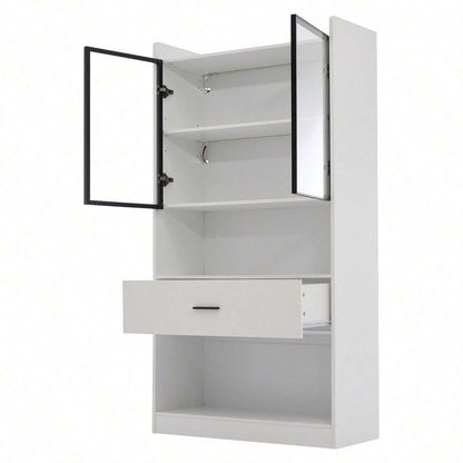 Curio Vitrine mit Licht, Aufbewahrungsregale mit Pop-up Glastüren, 1 große Schubladen & 16 Farben Licht, Sammlerstücke Schrank Display Regal, Bücherregal Vitrine für Wohnzimmer, weiß, schwarzer Fenste